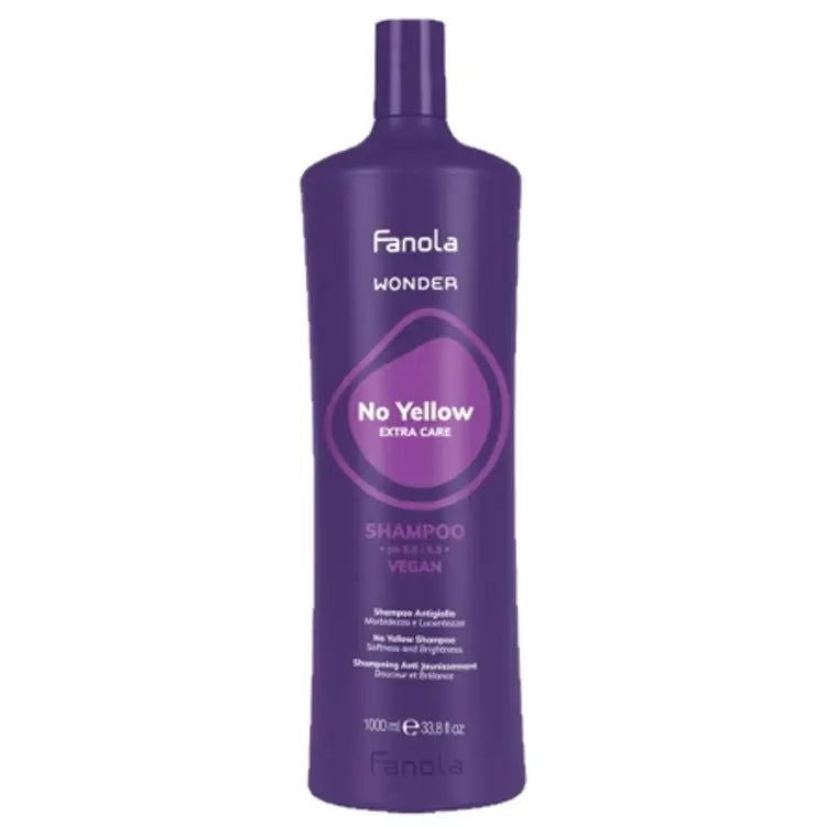 Fanola Wonder No Yellow extra care shampoo bottle, purple with flip-top cap