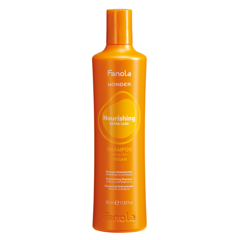 Orange shampoo bottle with pump cap, Fanola Wonder Nourishing Extra Care