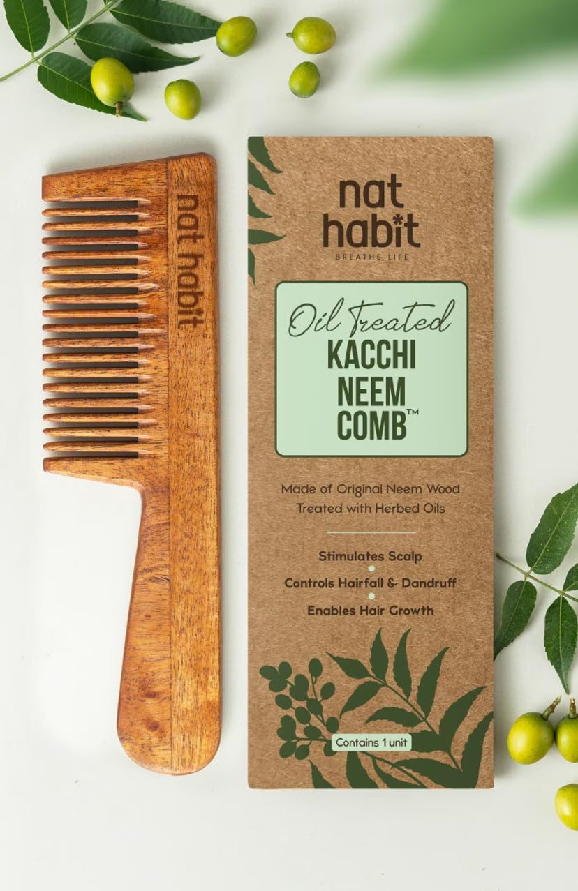 Oil-treated fine-tooth neem-wood hair comb with product box