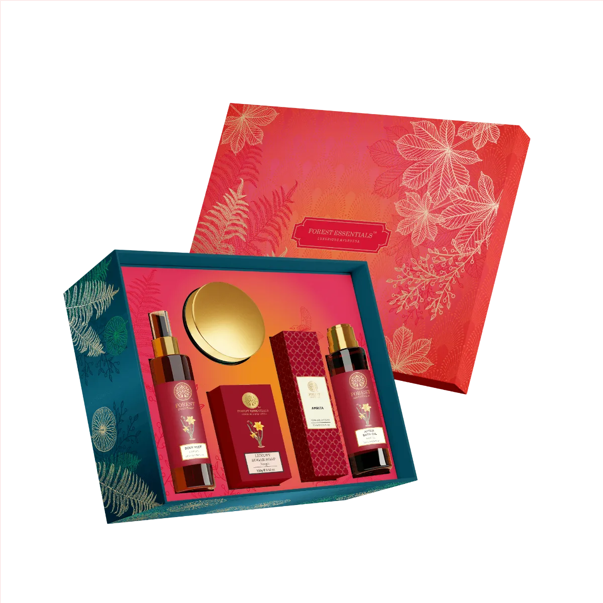 Body care gift set packaging with patterned red and teal outer boxes
