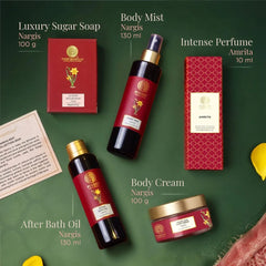 Body care set with sugar soap, body mist, after bath oil, body cream, and intense perfume