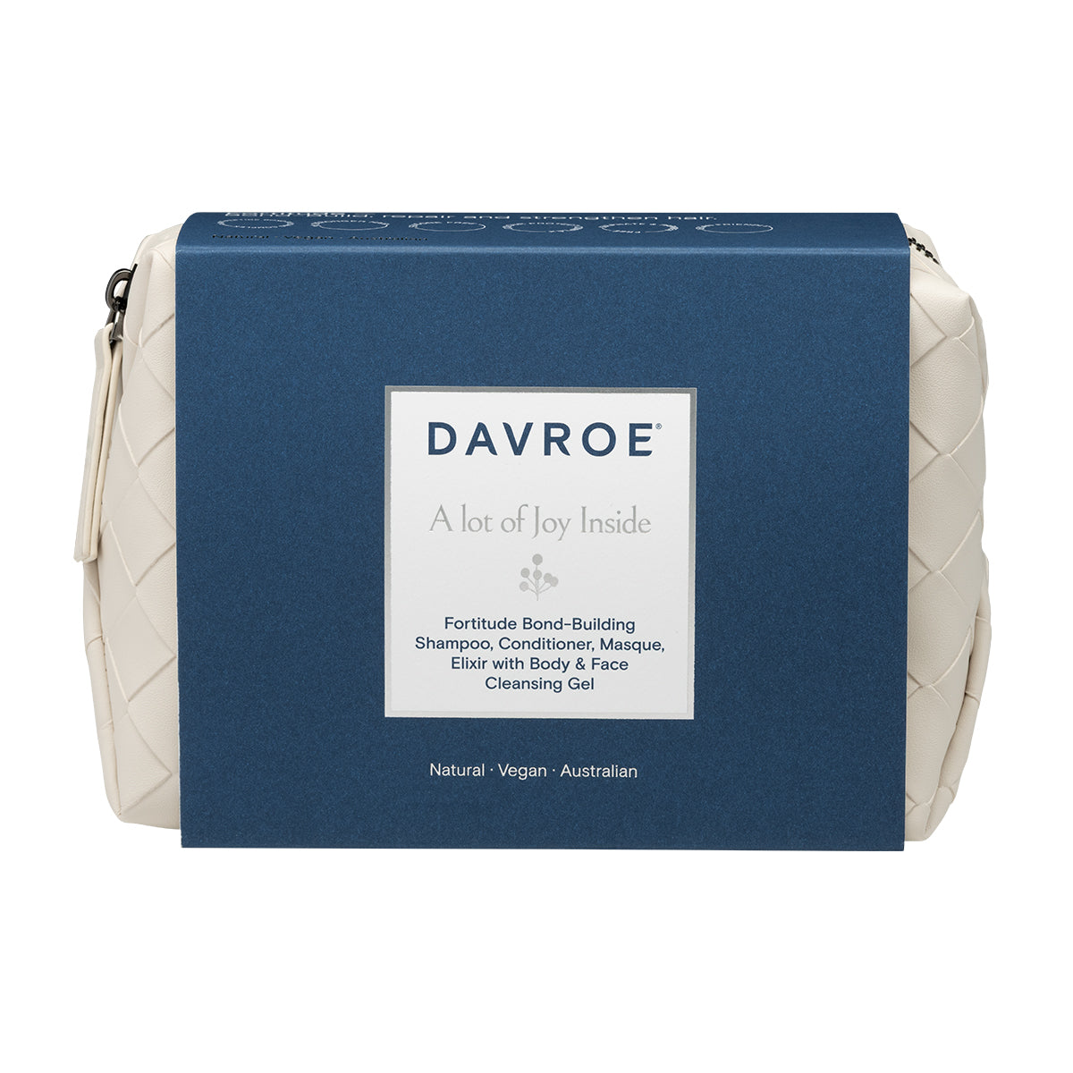Davroe blue toiletry travel bag with front label and zipper closure