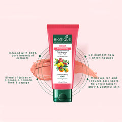 Biotique fruit brightening face pack tube with circular text callouts on a background