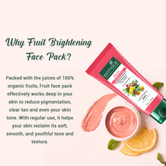 Fruit whitening face pack tube with open jar and fruit accents in a promotional layout