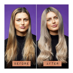 Split portrait showing blonde hair before and after toning, smooth long waves