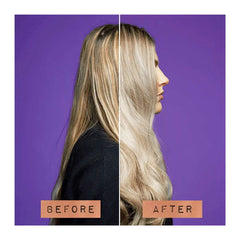 Side-profile split portrait with blonde hair before and after, long silky waves