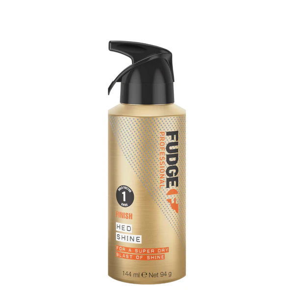 Fudge Hed Shine hair styling product bottle, beige with black spray pump