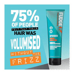 Fudge Xpander whip conditioner tube on info card, 75% volume claim
