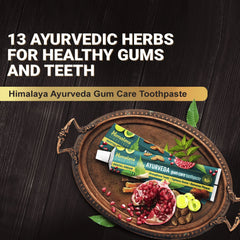 Ayurveda gum care toothpaste pack on plate with herbs and pomegranate graphics