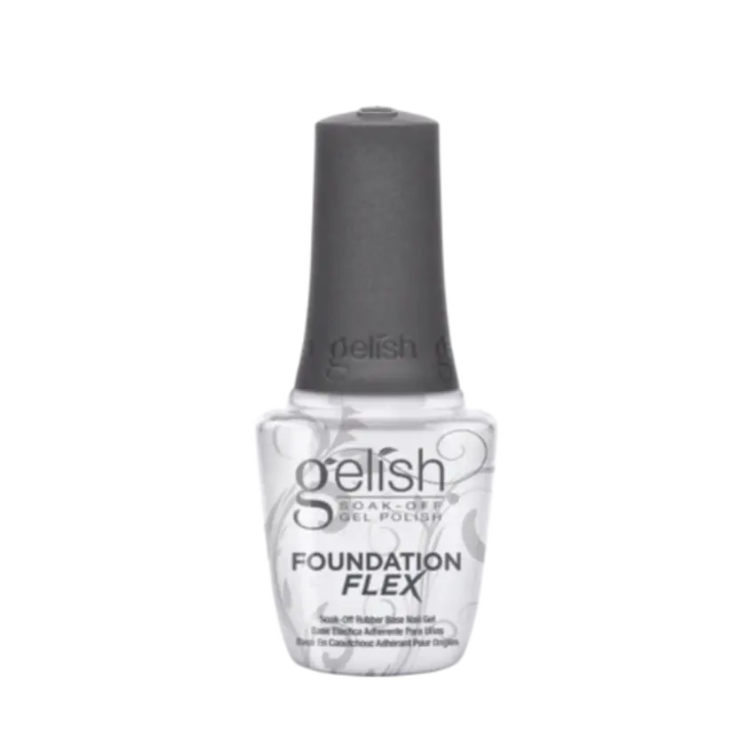 Gel nail foundation gel bottle, clear formula, with gray cap and white label.