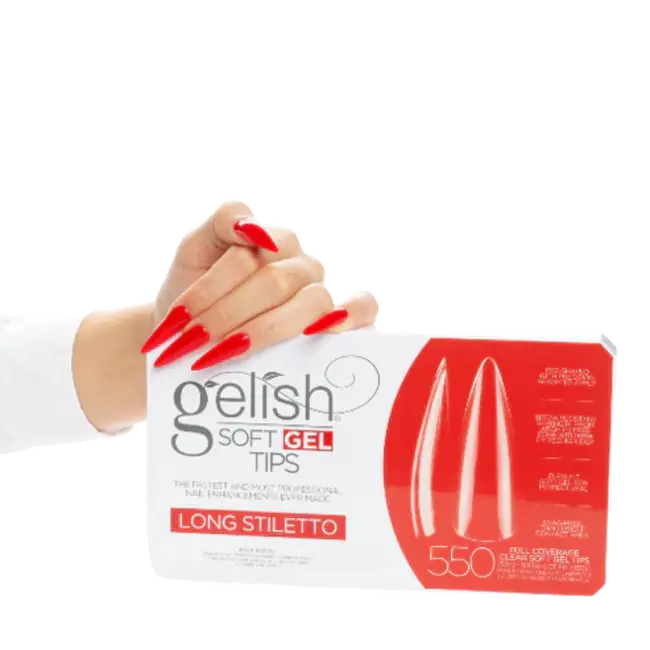 Long stiletto gel nail tips box with red packaging, 50 count