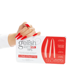 Long stiletto gel nail tips box with red packaging, 50 count