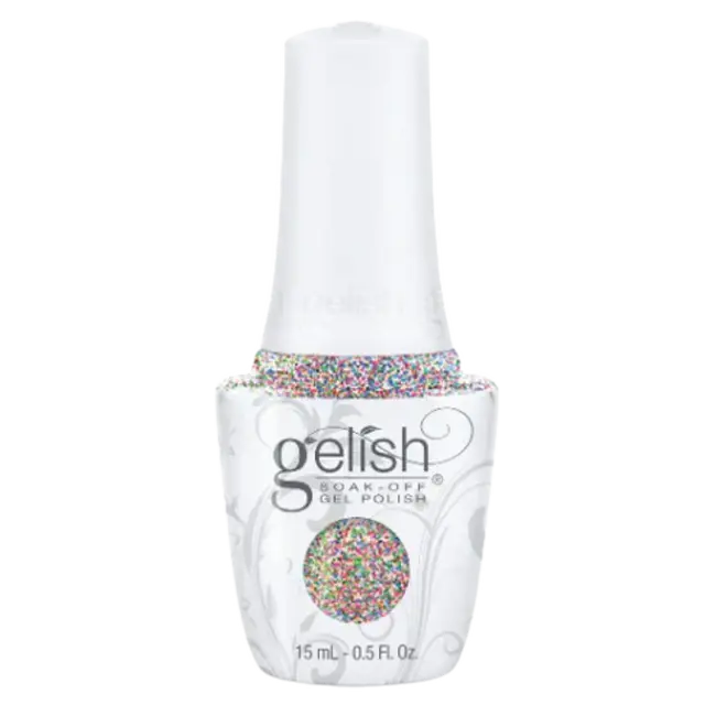 Gel nail polish bottle with clear base and multicolor dot glitter, white cap