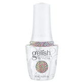 Gel nail polish bottle with clear base and multicolor dot glitter, white cap