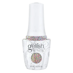 Gel nail polish bottle with clear base and multicolor dot glitter, white cap