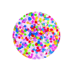 Round nail polish swatch with multicolor dot glitter pattern on light base