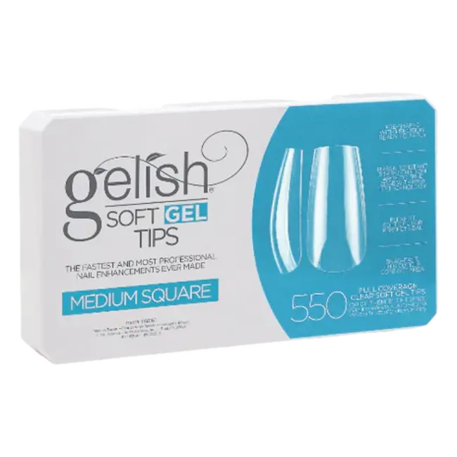 Gelish Soft Gel Tips medium square nails, 550 count in a white and blue box