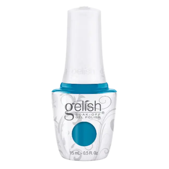 Gel polish bottle with teal gel and white cap, 15 mL