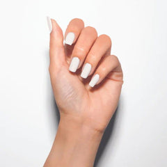 Hand with short square nails painted glossy white gel polish