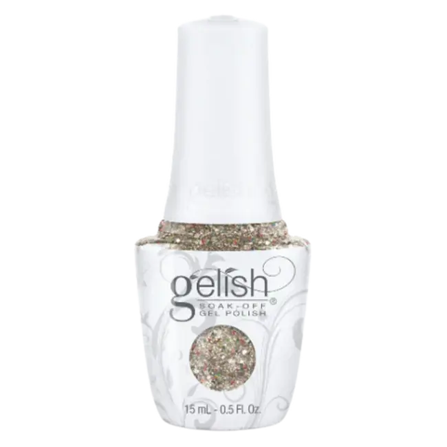 gelish gel polish bottle with white cap, glittery beige polish and product label
