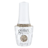 gelish gel polish bottle with white cap, glittery beige polish and product label