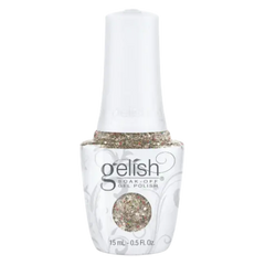 gelish gel polish bottle with white cap, glittery beige polish and product label