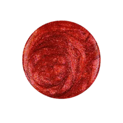 Red glitter gel polish swatch, circular close-up
