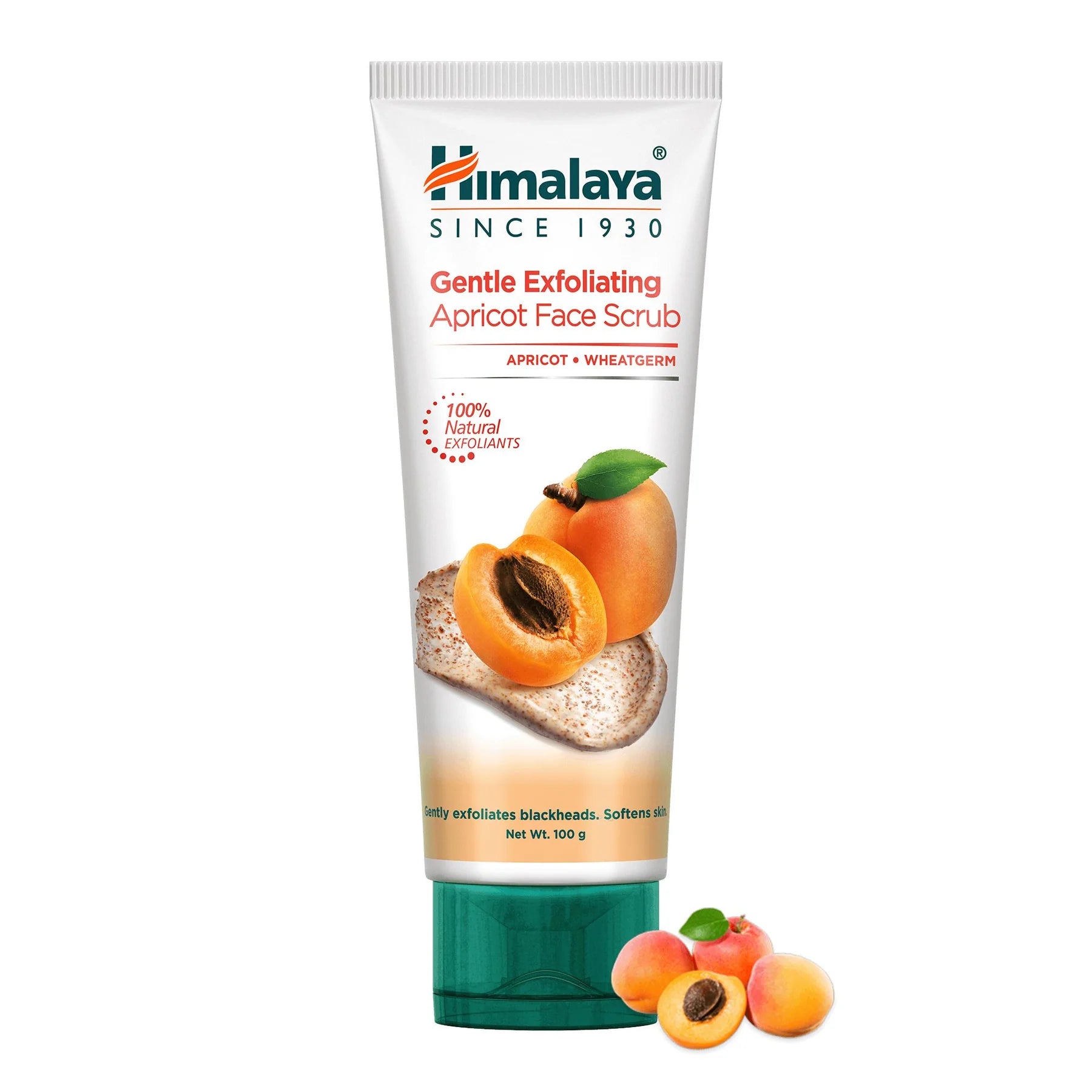 Himalaya gentle exfoliating apricot face scrub tube, white with teal cap