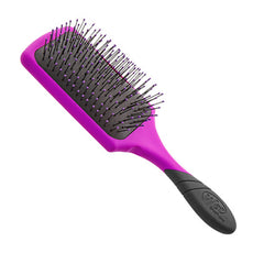 Purple paddle detangling hair brush with black ergonomic handle and fine bristles