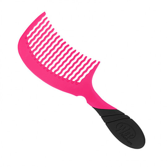 Pink and black detangling comb with dense, flexible tooth rows