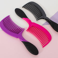 Pair of pink detangling combs with black handles and narrow tooth rows