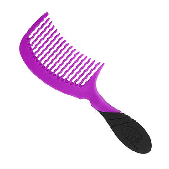Purple detangling comb with black handle and rows of flexible teeth
