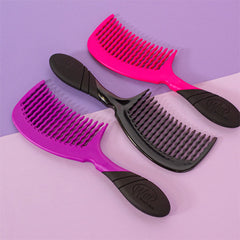 Set of detangling combs with pink and purple heads and black grips