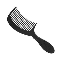 Black detangling comb with curved head and fine, evenly spaced bristles