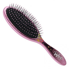Wet detangler brush with pink oval head, black bristles, and purple printed handle