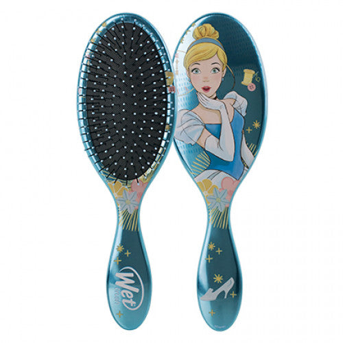 Princess-themed detangling hair brush with teal handle and black bristle cushion pad