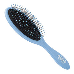 Sky blue detangling hair brush angled, showing fine bristle tips on oval head
