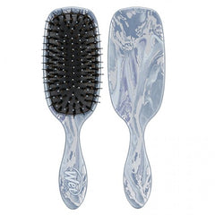 Flat paddle hair brush with light-blue marble handle and black bristle pins