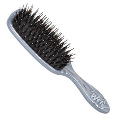 Curved paddle hair brush with light-blue marble handle and black bristle pins