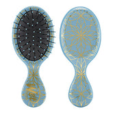 Mini detangler hair brush, blue handle, black bristles, gold geometric design.