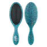 Teal glitter detangler hair brush with black bristles, oval paddle shape