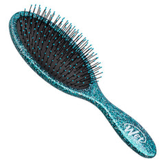 Teal glitter detangler hair brush with black bristle pad and curved handle
