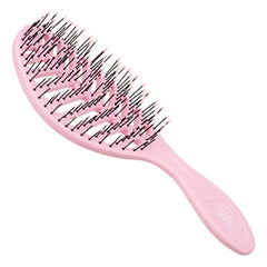 Pink curved hair brush with black bristles and perforated pad