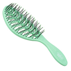Green Wet paddle hair brush head with long black bristles and leaf-texture grip