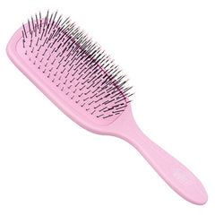 Pink paddle detangling brush, angled view of bristle pad