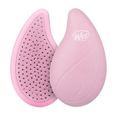 Pink palm detangler brush with water-infusion cushion and purple bristles