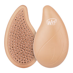 Orange palm detangler hair brush with leaf-shaped head and bristles; Wet brush logo