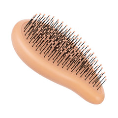 Orange leaf-shaped detangling brush with black bristles and white tips