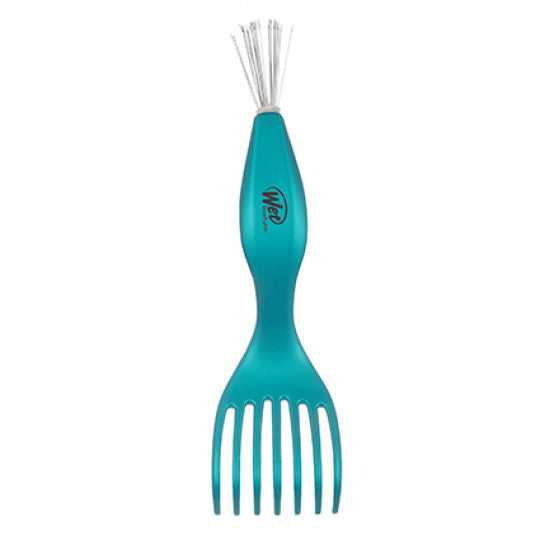 Teal brush cleaner tool with comb-like tines and handle