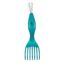 Teal brush cleaner tool with comb-like tines and handle